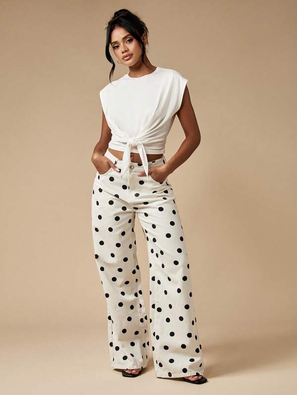 Missguided MISSGUIDED Polka Dot Wide Leg High Waisted Retro Style Jeans