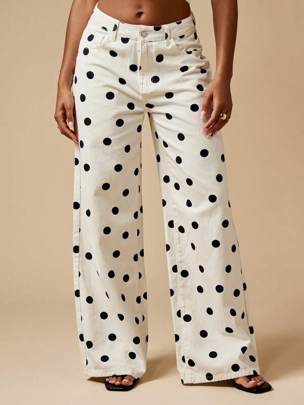 missguided MISSGUIDED Polka Dot Wide Leg High Waisted Retro Style Jeans