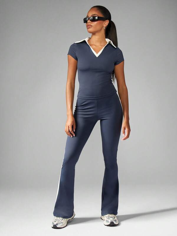 Missguided MISSGUIDED Polo Collar Top And Flared Pants Co-Ord Set