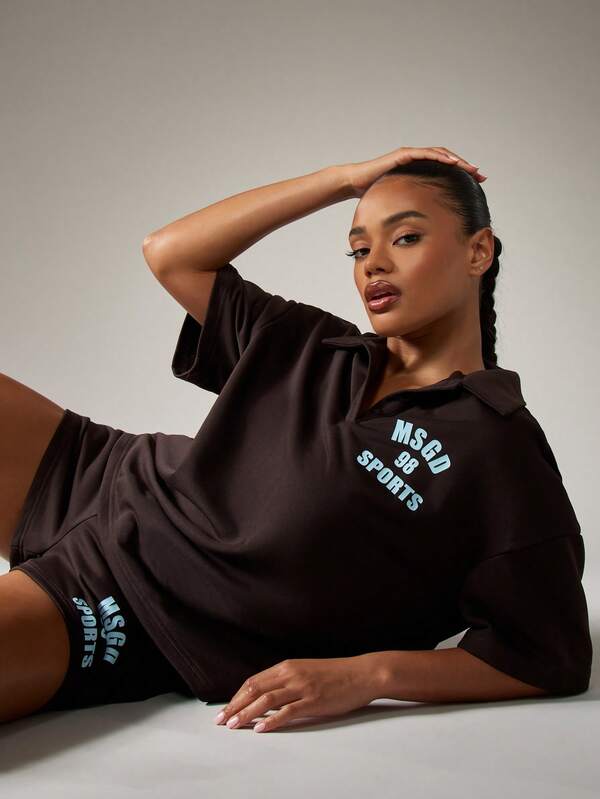 missguided MISSGUIDED Polo Top And High Rise Shorts Co-Ord Set With Brand Text