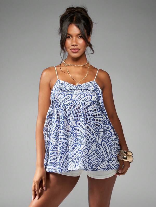 Missguided MISSGUIDED Poplin Bohemian Paisley Print Frill Babydoll Cami Top