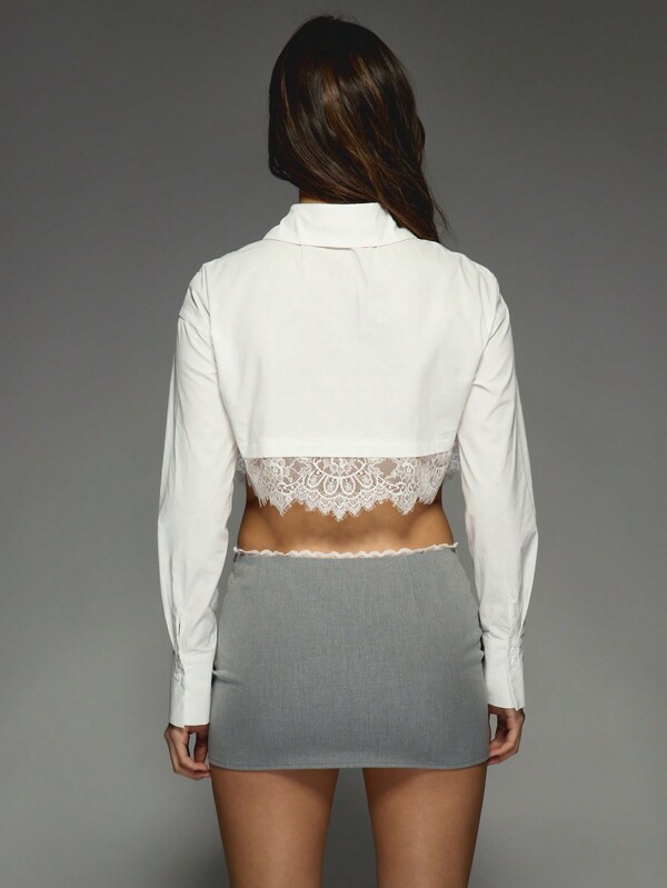Missguided MISSGUIDED Poplin Shirt With Lace Hem Detail Crop Shirt Blouse