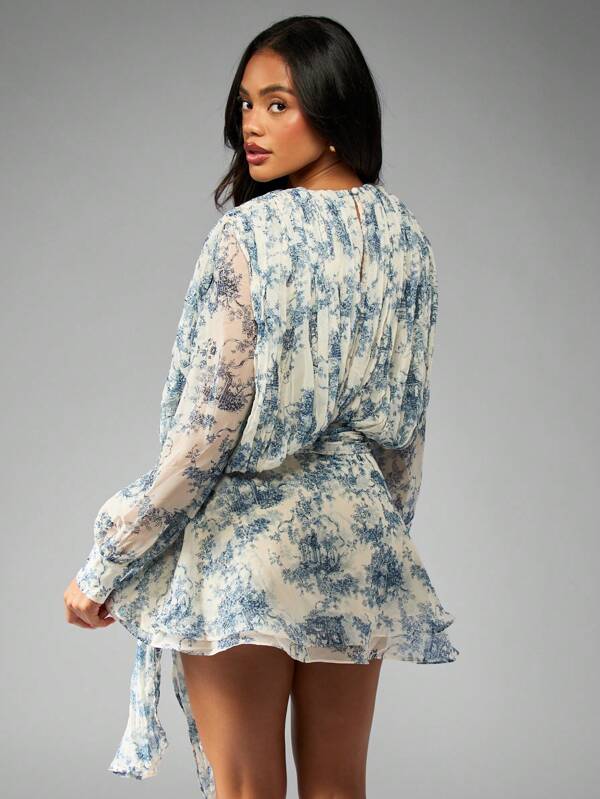 Missguided MISSGUIDED Porcelain Print Toile Pattern Balloon Sleeve Chiffon Mini Dress