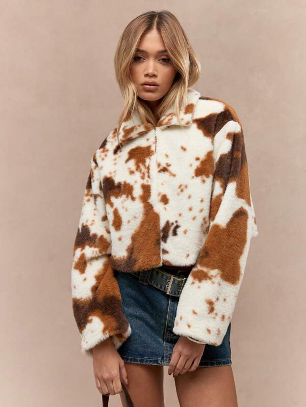 missguided MISSGUIDED Premium Faux Fur Crop Coat With Western Cowgirl Print