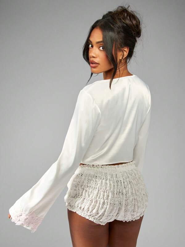 Missguided MISSGUIDED Premium Satin Button Front Crop Lace Bell Sleeve Blouse