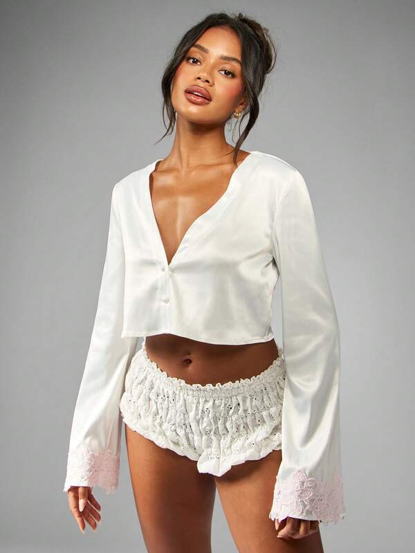 Missguided MISSGUIDED Premium Satin Button Front Crop Lace Bell Sleeve Blouse