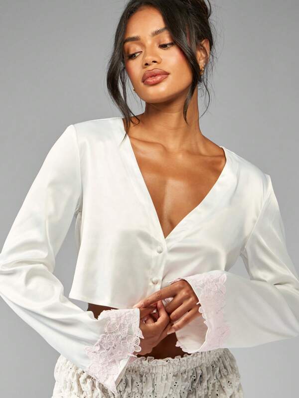 missguided MISSGUIDED Premium Satin Button Front Crop Lace Bell Sleeve Blouse