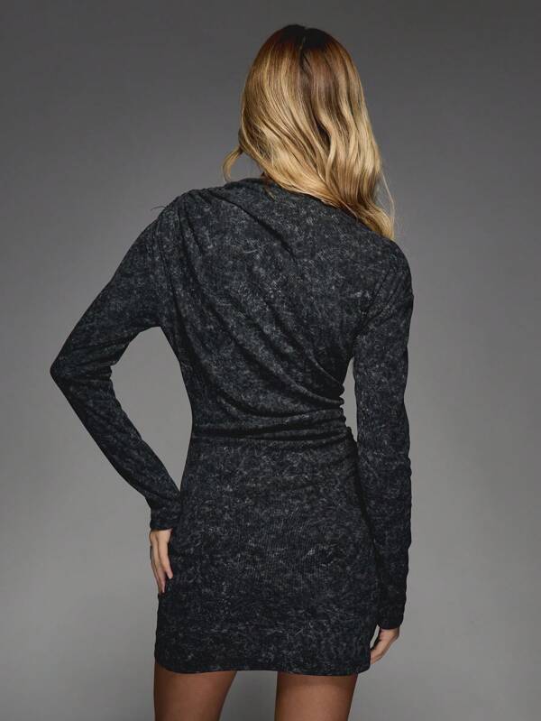 Missguided MISSGUIDED Printed Asymmetric Drape Long Sleeve Bodycon Mini Dress