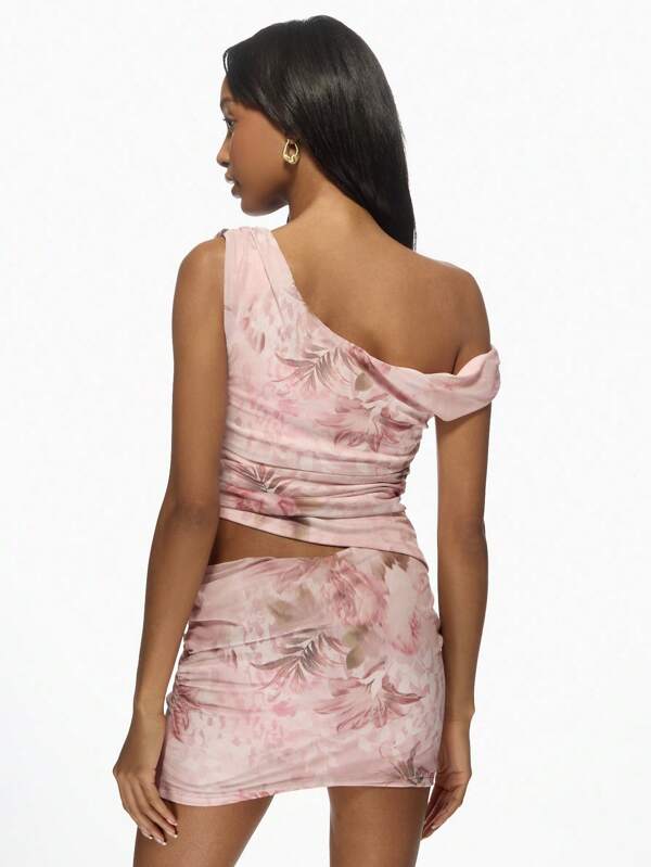 Missguided MISSGUIDED Printed Asymmetric Draped Ruched Top Bodycon Skirt Two Piece Set