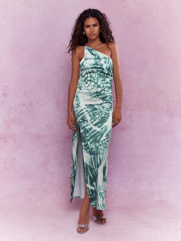 missguided MISSGUIDED Printed Asymmetric One Shoulder Side Slit Midi Dress