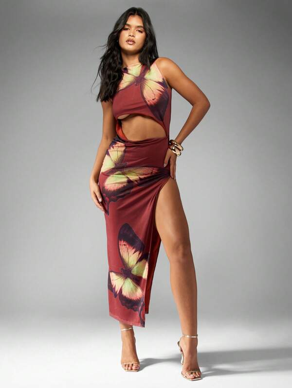 missguided MISSGUIDED Printed Boat Neck Slash Waist Lace-Up Back Extreme Side Slit Bodycon Maxi Dress