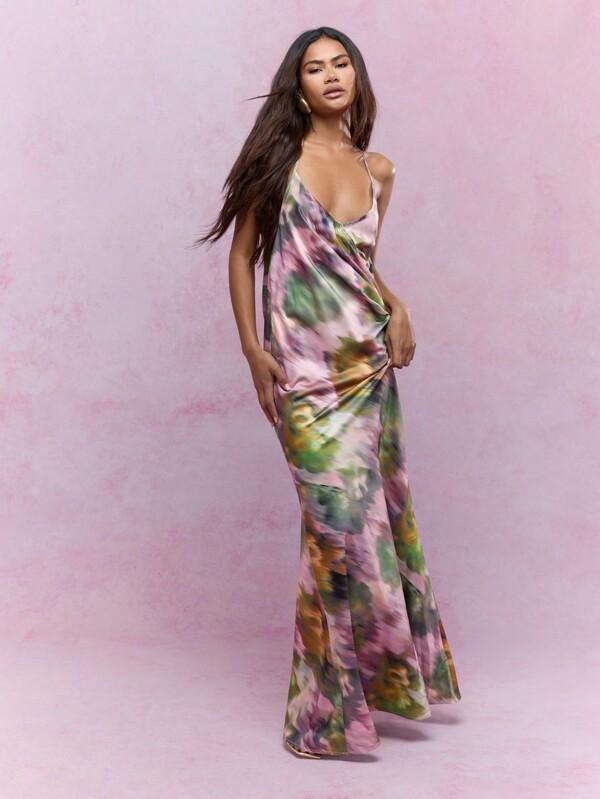 missguided MISSGUIDED Printed Cowl Low NeckSide Ruched Backless Cami Maxi Dress