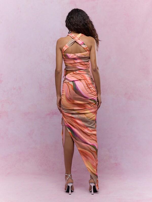 Missguided MISSGUIDED Printed Crop Tank Top And Side Slit Ruched Maxi Skirt Co-Ord Set