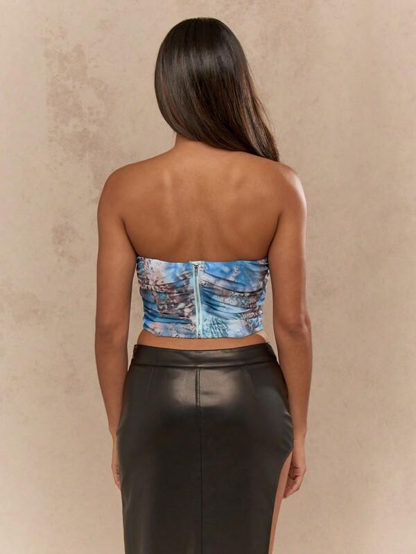 Missguided MISSGUIDED Printed Draped Mesh Curve Hem Zip Back Bandeau Top