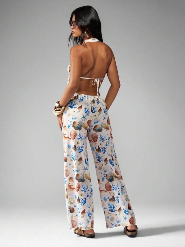 Missguided MISSGUIDED Printed Front Open Halter Neck Top And Wide Leg Pants Two Piece Co Ord Set
