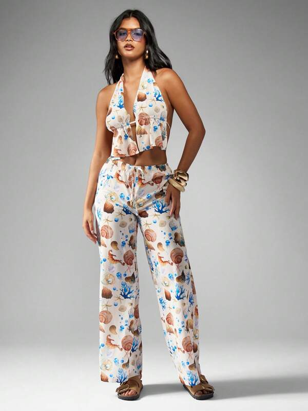 missguided MISSGUIDED Printed Front Open Halter Neck Top And Wide Leg Pants Two Piece Co Ord Set