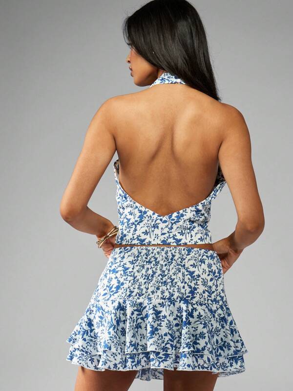 Missguided MISSGUIDED Printed Halter Corset Top And Frilled Mini Skirt Two Piece Co Ord Set