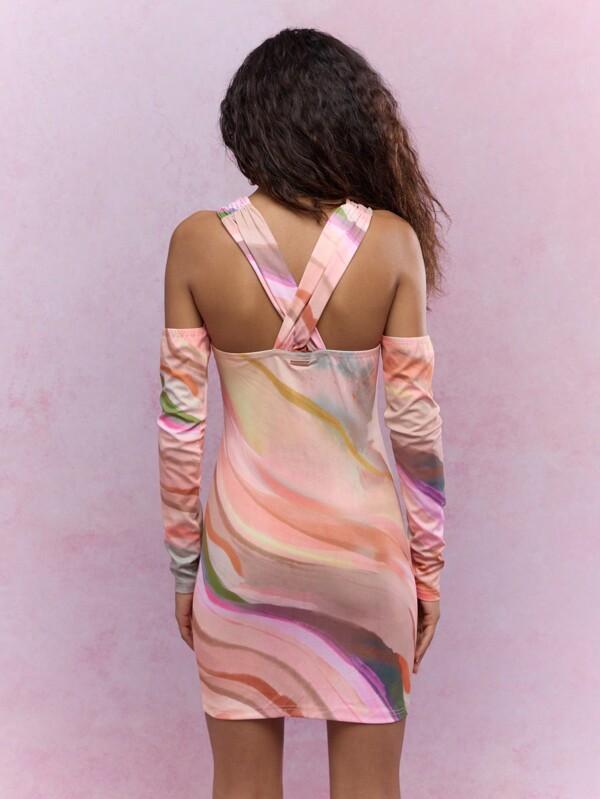 Missguided MISSGUIDED Printed Halter Neck Cut-Out Bust Bodycon Mini Dress With Separate Sleeves