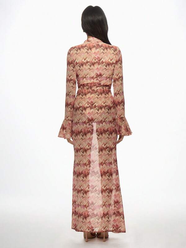 Missguided MISSGUIDED Printed High Keyhole Neck LOng Bell Sleeves Flare Hem Maxi Dress