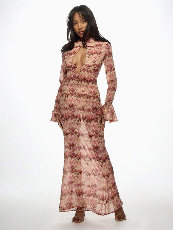 missguided MISSGUIDED Printed High Keyhole Neck LOng Bell Sleeves Flare Hem Maxi Dress