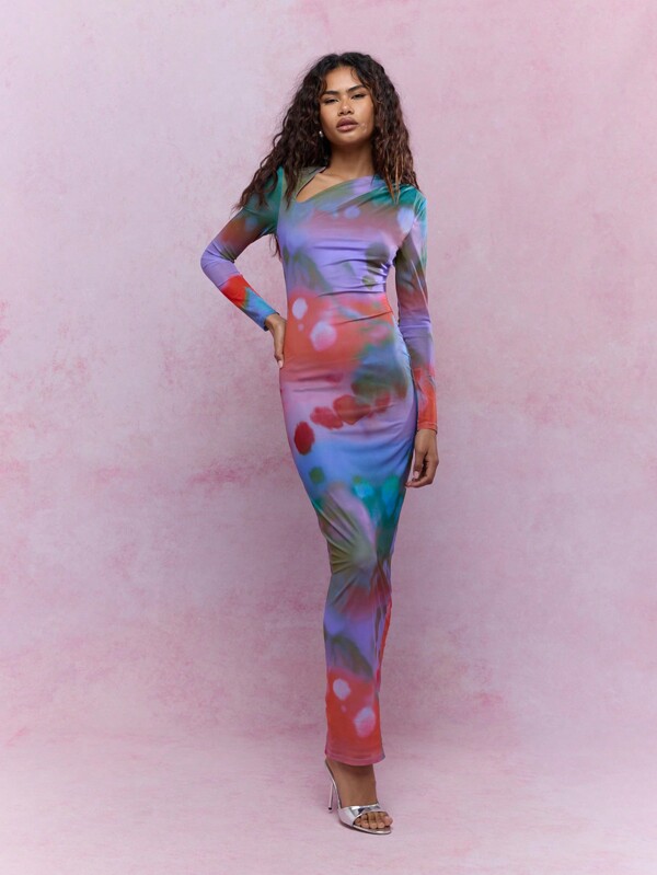 missguided MISSGUIDED Printed Jersey Cut Out Neckline Maxi Dress