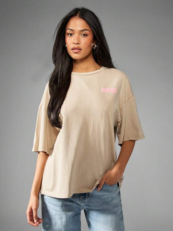 missguided MISSGUIDED Printed Logo Front Washed Drop Shoulder Oversized T-Shirt