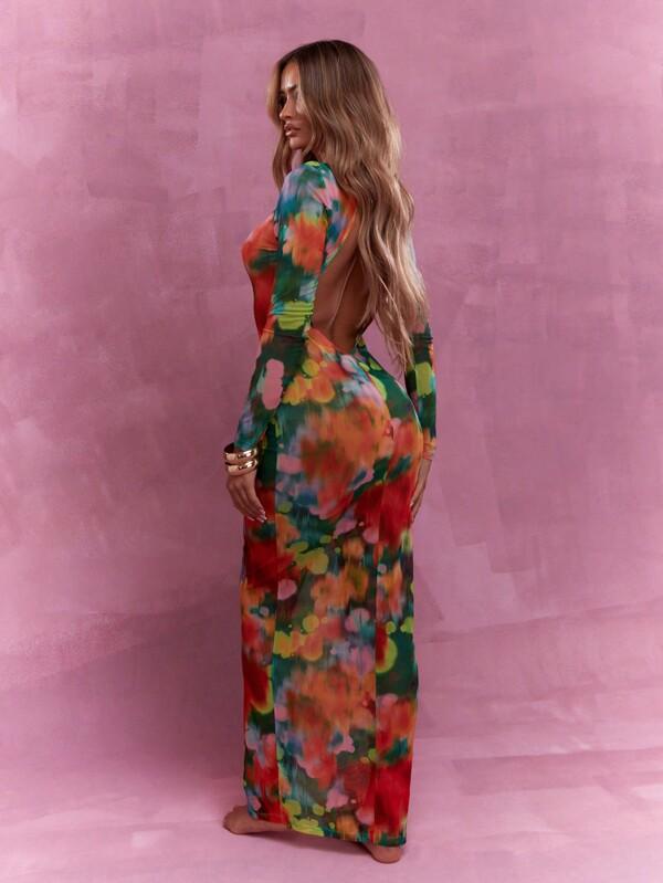 Missguided MISSGUIDED Printed Mesh Cut Out Back Long Sleeve Maxi Dress