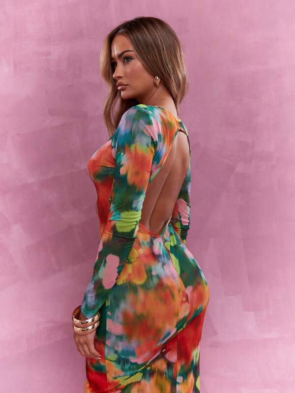 Missguided MISSGUIDED Printed Mesh Cut Out Back Long Sleeve Maxi Dress