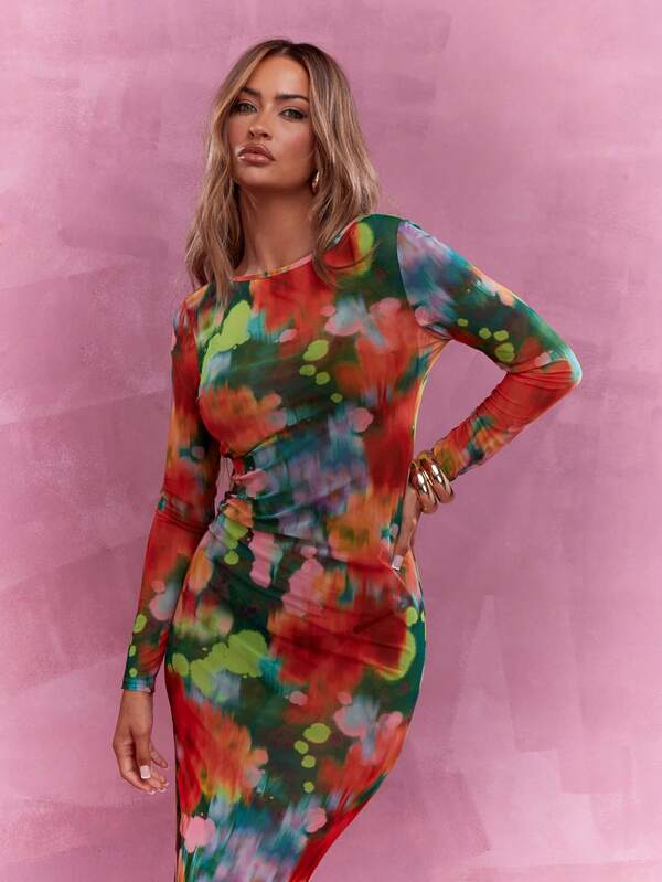 Missguided MISSGUIDED Printed Mesh Cut Out Back Long Sleeve Maxi Dress