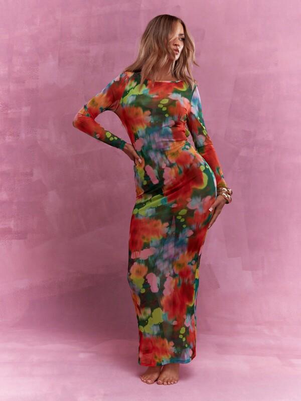 missguided MISSGUIDED Printed Mesh Cut Out Back Long Sleeve Maxi Dress