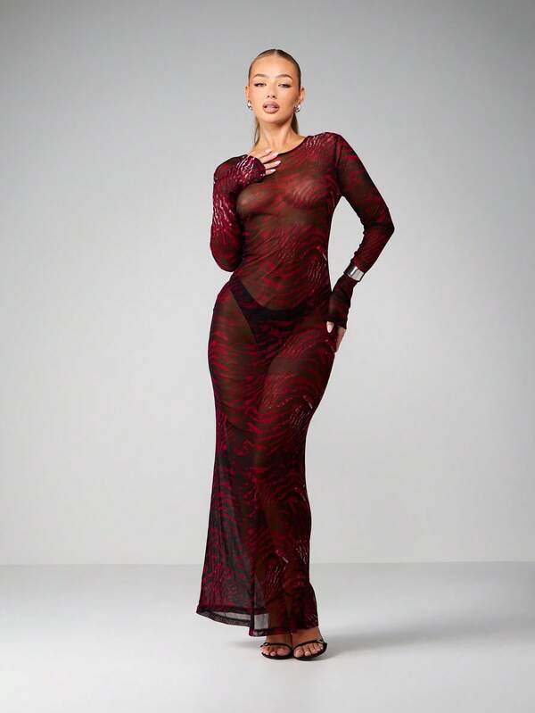 Missguided MISSGUIDED Printed Mesh Long Sleeve Maxi Dress