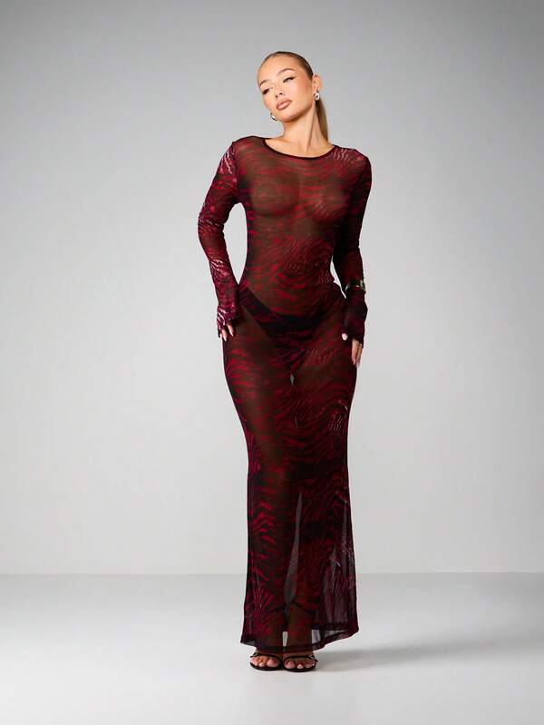 missguided MISSGUIDED Printed Mesh Long Sleeve Maxi Dress