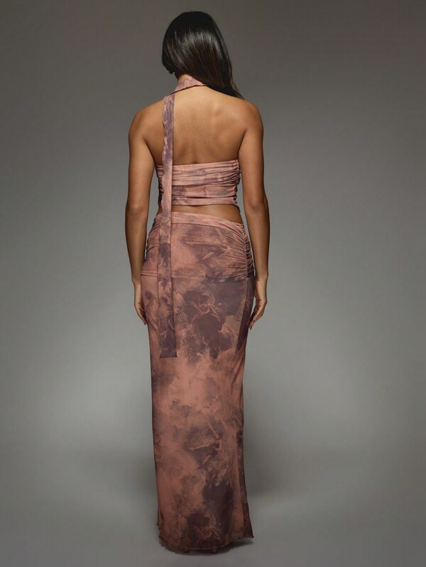 Missguided MISSGUIDED Printed Mesh Ruched Bandeau Top And Drape Maxi Skirt Two Piece Co Ord Set With Scarf