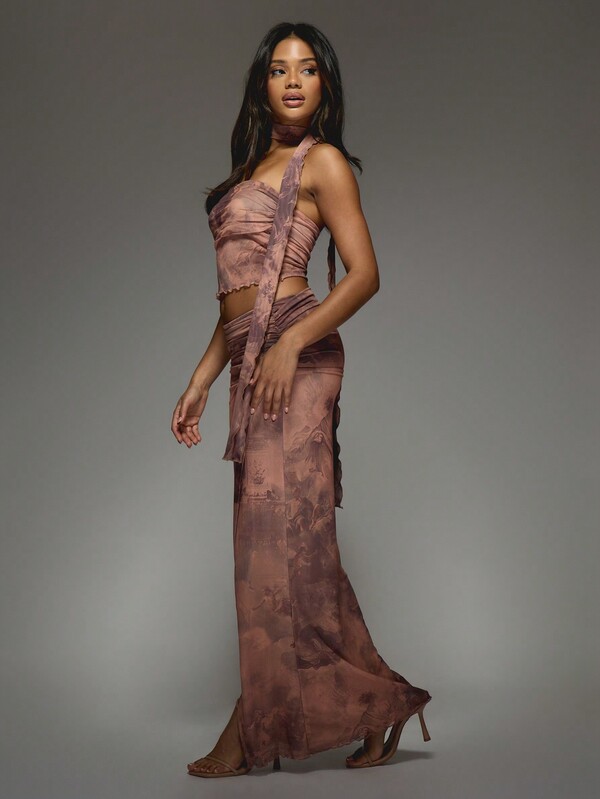 Missguided MISSGUIDED Printed Mesh Ruched Bandeau Top And Drape Maxi Skirt Two Piece Co Ord Set With Scarf