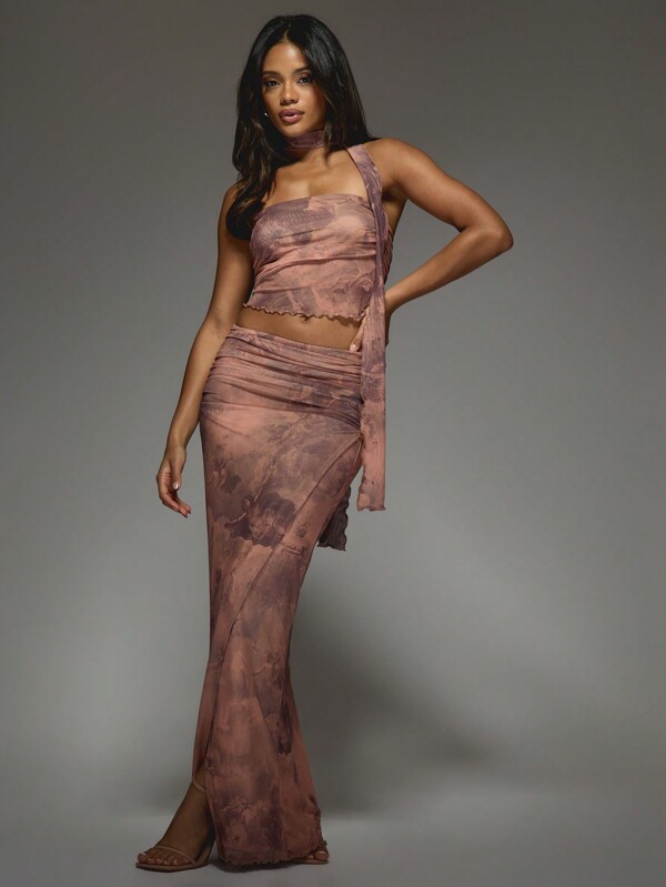 missguided MISSGUIDED Printed Mesh Ruched Bandeau Top And Drape Maxi Skirt Two Piece Co Ord Set With Scarf
