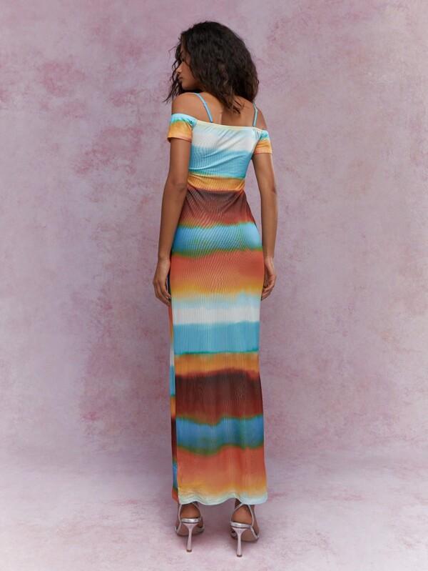 Missguided MISSGUIDED Printed Plunge Neck Cold Shoulder Bardot Maxi Dress