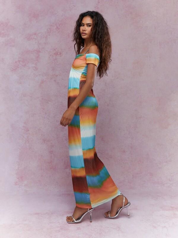 Missguided MISSGUIDED Printed Plunge Neck Cold Shoulder Bardot Maxi Dress