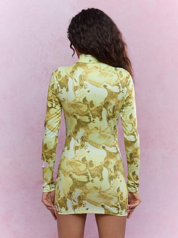 Missguided MISSGUIDED Printed Polo Neck Knot Detailed Waist Long Sleeves Bodycon Mini Dress