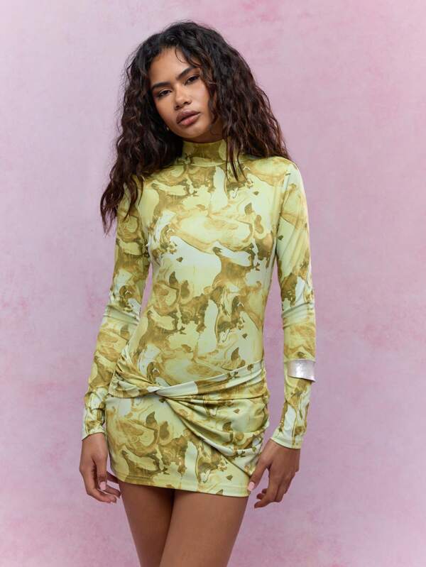 missguided MISSGUIDED Printed Polo Neck Knot Detailed Waist Long Sleeves Bodycon Mini Dress