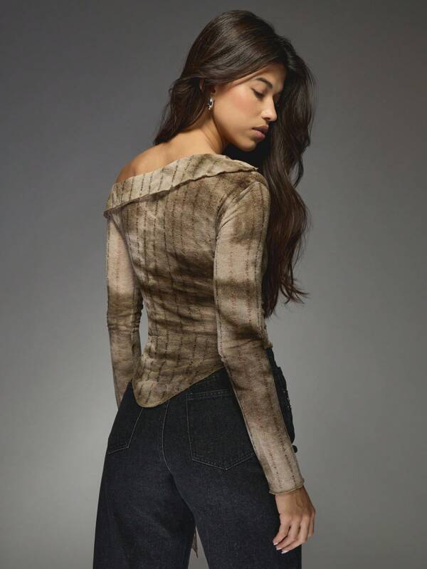 Missguided MISSGUIDED Printed Ribbed Asymmetric Long Sleeves Top With Tying Waist Detail