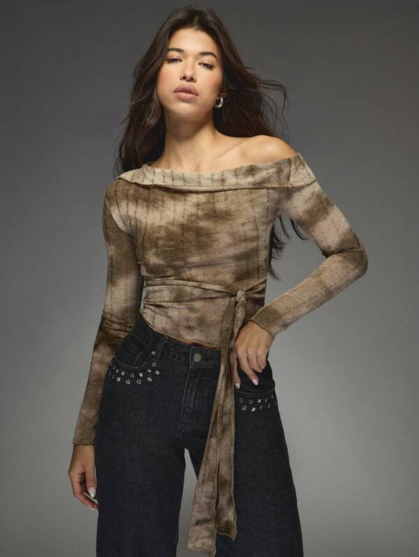 missguided MISSGUIDED Printed Ribbed Asymmetric Long Sleeves Top With Tying Waist Detail
