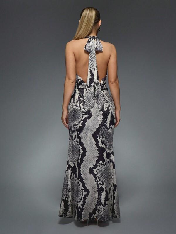 Missguided MISSGUIDED Printed Satin Deep Plunge Cowl Neck Fit And Flare Maxi Dress