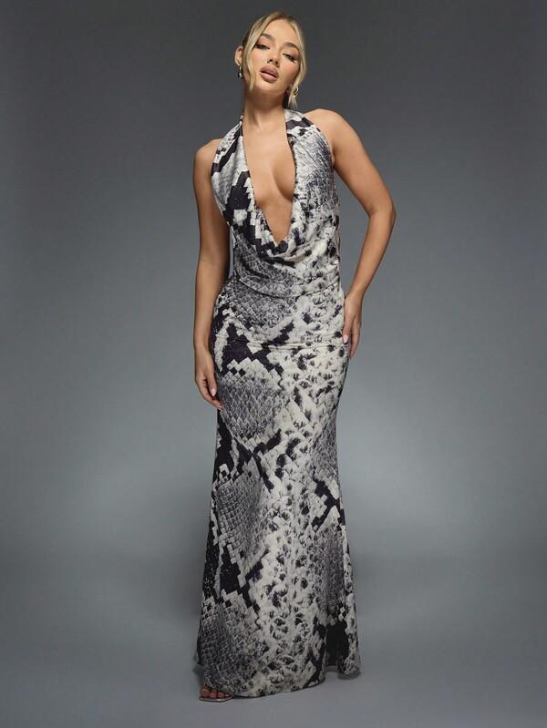 Missguided MISSGUIDED Printed Satin Deep Plunge Cowl Neck Fit And Flare Maxi Dress