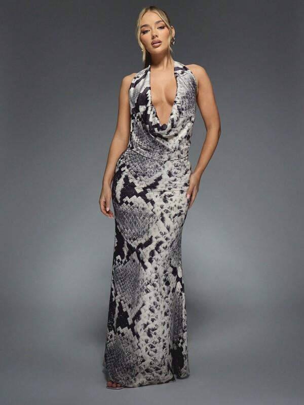 missguided MISSGUIDED Printed Satin Deep Plunge Cowl Neck Fit And Flare Maxi Dress
