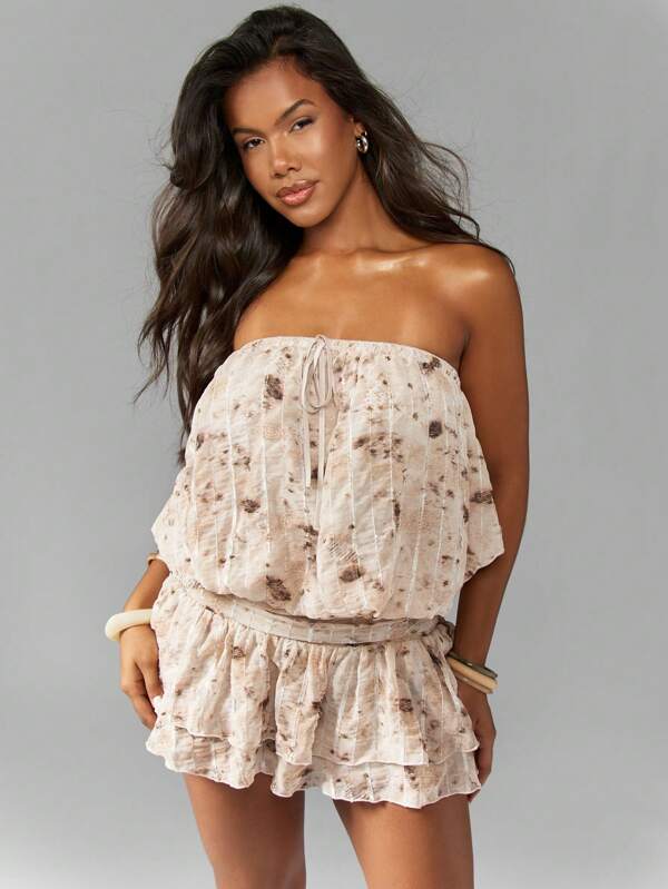 Missguided MISSGUIDED Printed Sequin Chiffon Bandeau Blousson Ruffle Mini Dress