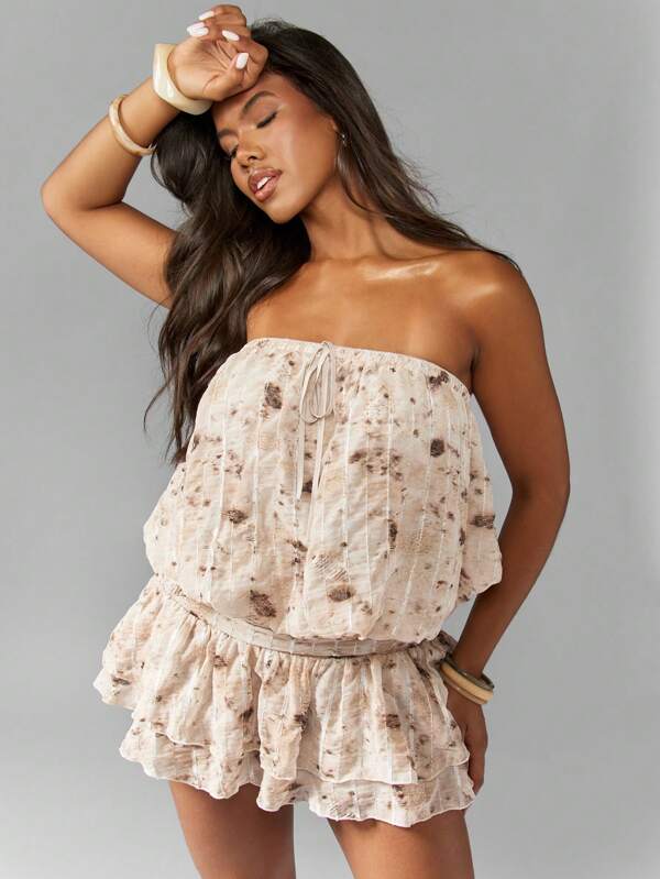 missguided MISSGUIDED Printed Sequin Chiffon Bandeau Blousson Ruffle Mini Dress