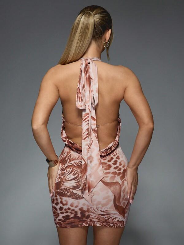 Missguided MISSGUIDED Printed Slinky Halter-Neck Open Back Mini Dress