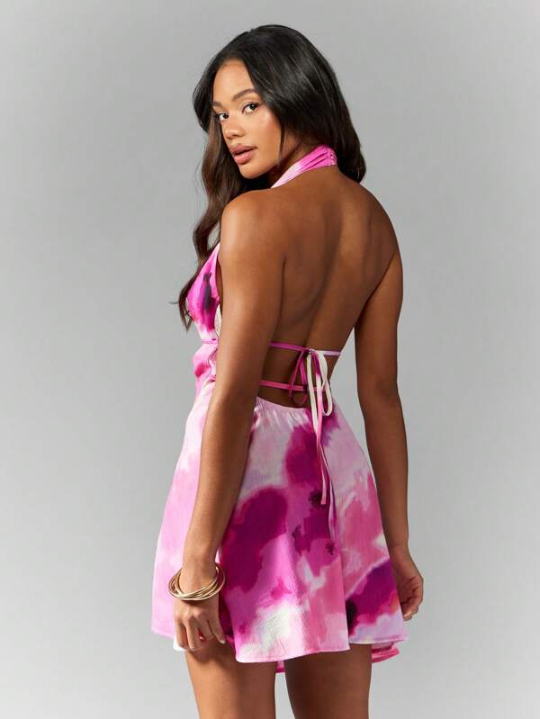 Missguided MISSGUIDED Printed Woven Halter Mini Dress With Asymmetric Flowing Skirt Cute Sundress