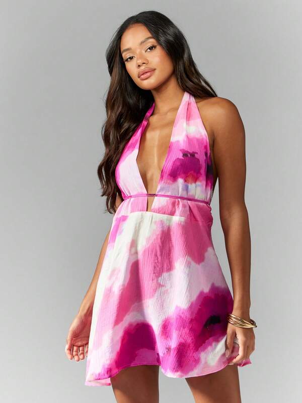 Missguided MISSGUIDED Printed Woven Halter Mini Dress With Asymmetric Flowing Skirt Cute Sundress