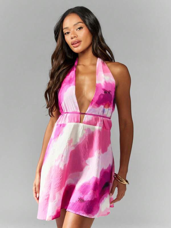 missguided MISSGUIDED Printed Woven Halter Mini Dress With Asymmetric Flowing Skirt Cute Sundress